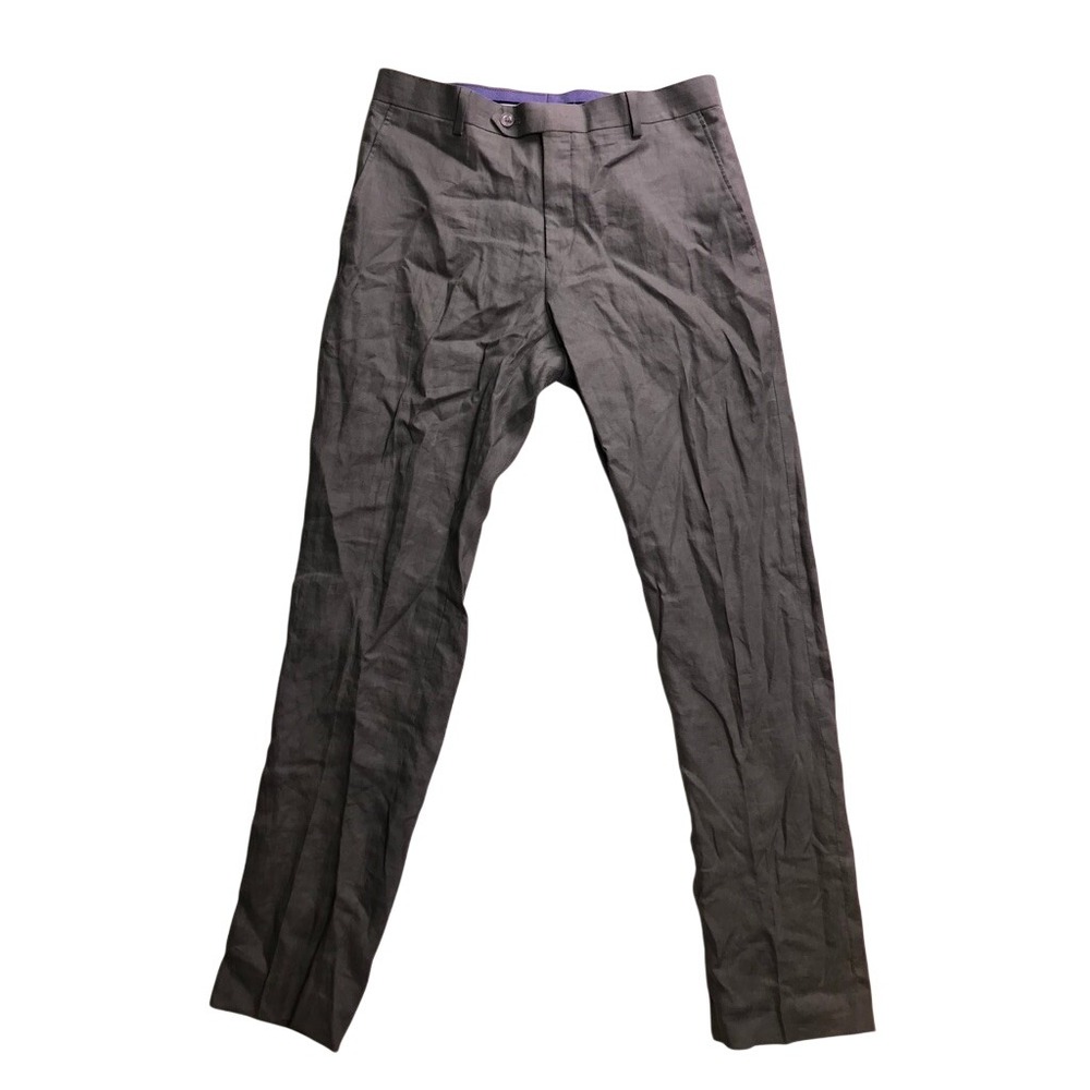 Tommy Hilfiger Dress Pants Mens 32W 32L Gray 100% Linen Flat Front Trousers